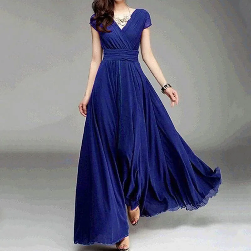

Vintage Solid Color Long Party Dress For Women Summer Fashion V-neck Short Sleeve A-line Maxi Dress Elegant Office Lady Vestidos