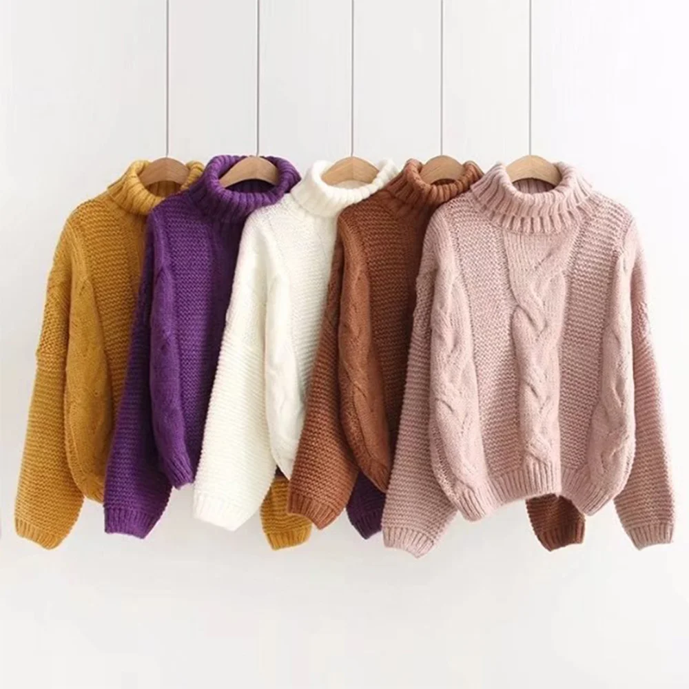 

2019 Autumn Winter Women's Pink Turtleneck Sweater Basic Female Pullover Solid Casual Knitted Ribbed Sweater