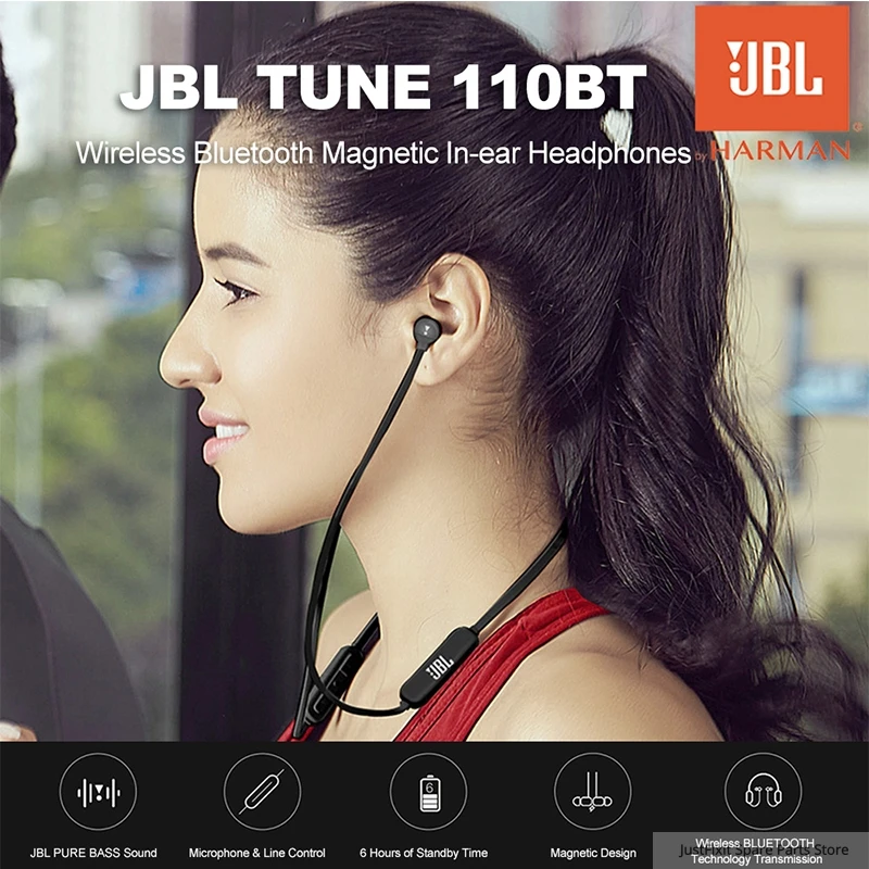 JBL T110BT Earphone Wireless Bluetooth Sports Running Bass Sound Magnetic Headset 3 Button Remote With Mic For Smartphone Music