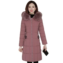 Новые зимние куртки женские пальто с капюшоном с меховым воротником размера плюс 4XL Дамская стеганая верхняя одежда облегающая длинная парка зимнее пальто для женщин