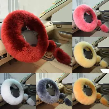 

Sheepskin Wool Car teering Wheel Cover Leather Handle Cover Handbrake Cover Gear Cover Three-piece Set Auto Interior Accessory