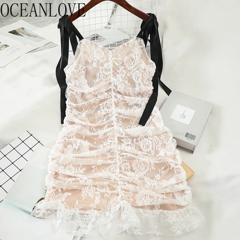 OCEANLOVE Ins Bodycon Dress Women Lace Elegant Bow Bandage Sexy Dresses Solid Ruffles Spring Summer 2020 Mini Vestidos 14211 | Женская