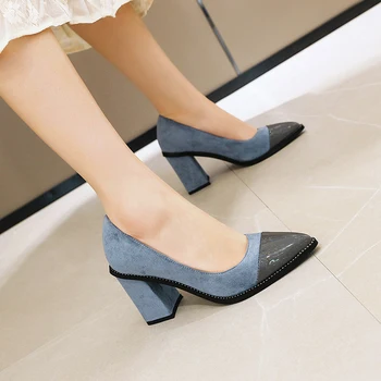 

2020 new arrive OL sexy paint pointed toe pumps fashion color matching black yellow blue chunky high heels women's shoes