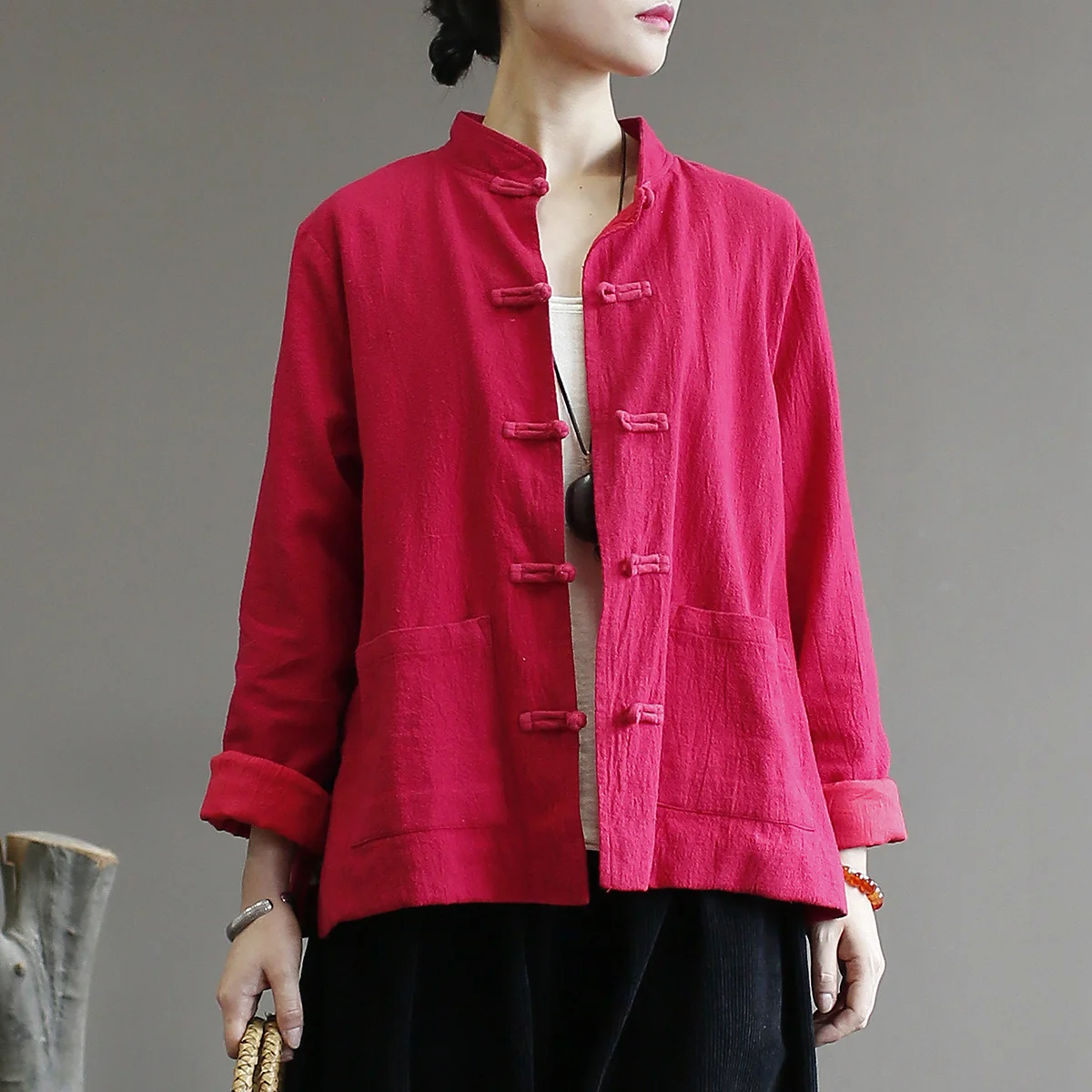 

Johnature Women Chinese Style Shirts Stand Button Pockets Blouses 2019 Autumn New Solid Color Vintage Long Sleeve Women Tops