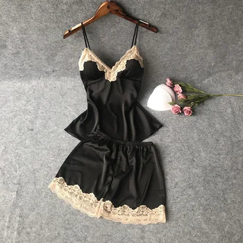 

Lace Suspender Shorts Suit Pajamas Sexy Simulation Silk Chiffon Breathable Thin Home Service with Chest Pad Pajama Costume