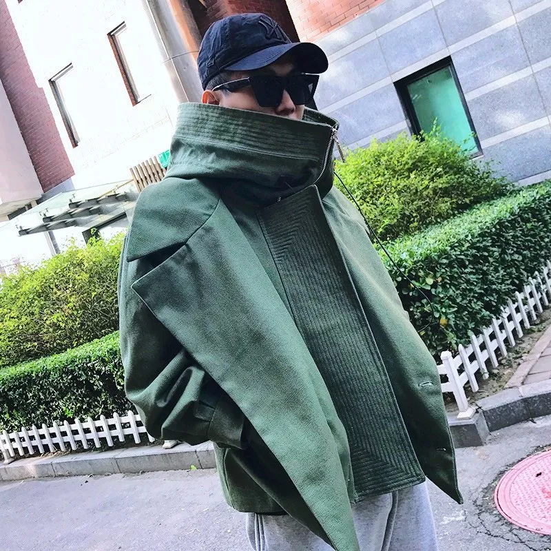 

Fashion Tide New Winter Turtleneck Drawstring Zippers Green Coat Full Sleeves Thickness Windproof Fake Two Pieces Jacket PB233