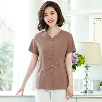 

Women's summer Lapel short sleeve cotton T-shirt large collar T-shirt mother's middle-aged women's top