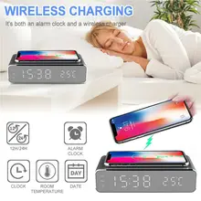 LED réveil électrique avec chargeur de téléphone sans fil bureau thermomètre numérique horloge HD Snooze horloge miroir avec mémoire de temps