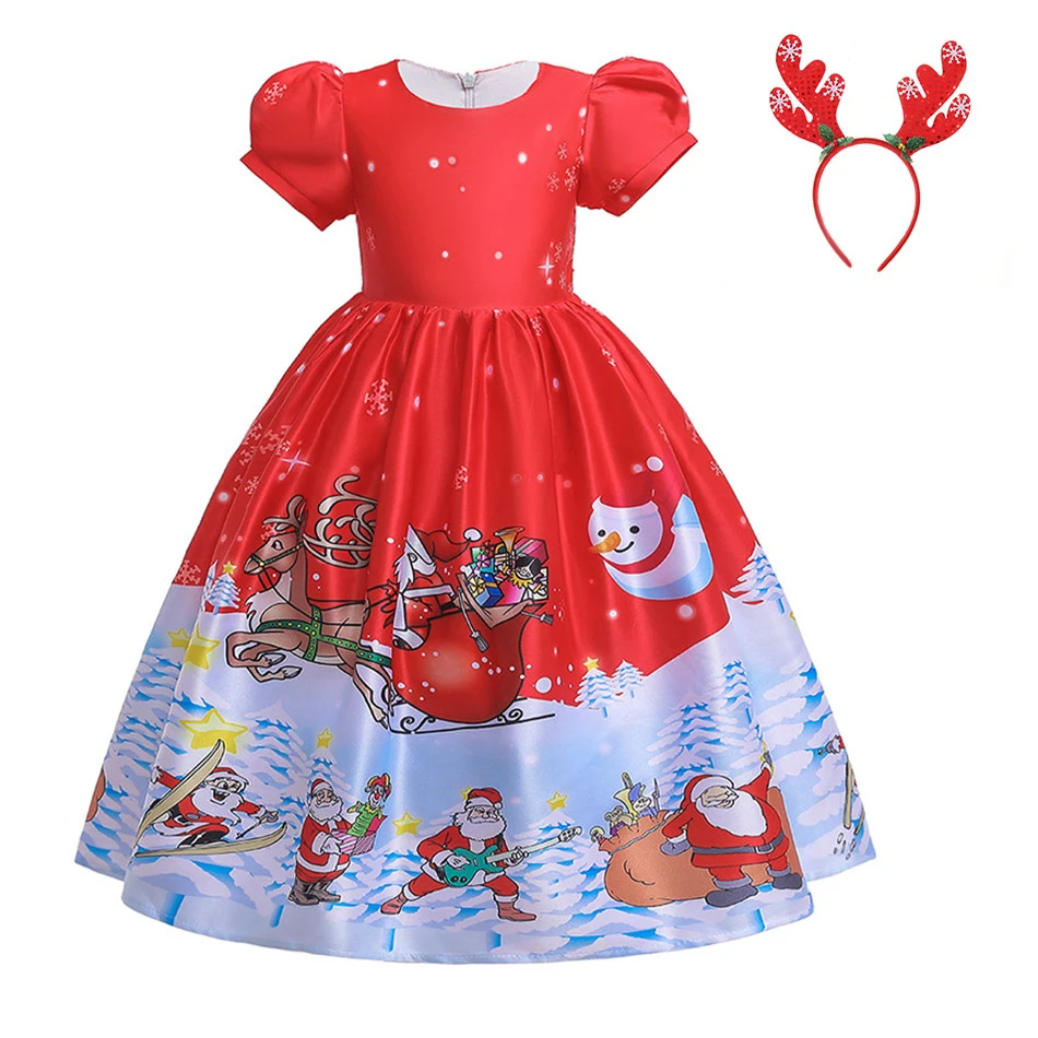 Dress 15 Великолепное красное рождественское праздничное платье с повязкой на голову для девочек, рождественское бальное платье, детская одежда с принтом Санта Клауса платья с открытыми плечами - Цвет: Dress 15
