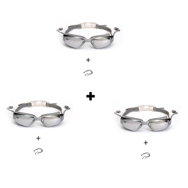 3 PCS  Professional Swimming Goggles Set Earplugs Waterproof Glasses Electroplate Anti-Fog Anti-UV Pull Buckle Adult Silicone gray