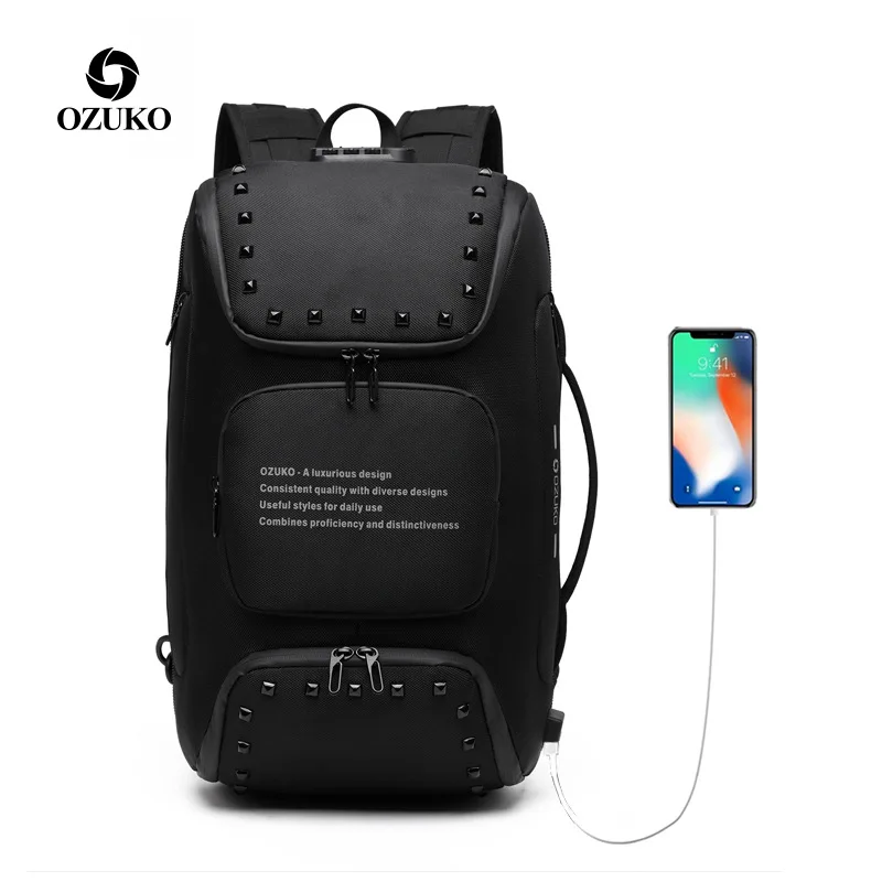 OZUKO Multifunction Men Anti-theft Backpack Large Waterproof USB Charging 15.6" Laptop Backpack Male Travel Bag with Shoe Pouch - Color: Black