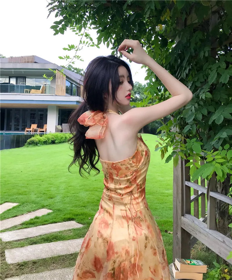 Women Midi Floral Halter Slip Dress Summer 2021 Vintage Painting Flowers Backless Casual Party Night Vacation Runway Vestidos