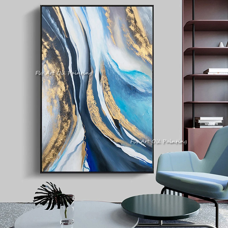 

Large Minimalist Painting Canvas Blue Gold Painting On Canvas Original Art On Canvas Extra Large Wall Art Abstract Painting
