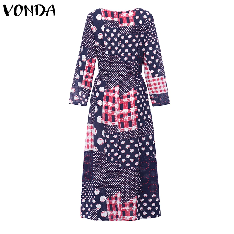 VONDA, женское платье с длинным рукавом, винтажное, с принтом, праздничное, макси, богемное, из кусков, длинные платья, вечерние, Vestidos размера плюс, сарафан, 5XL