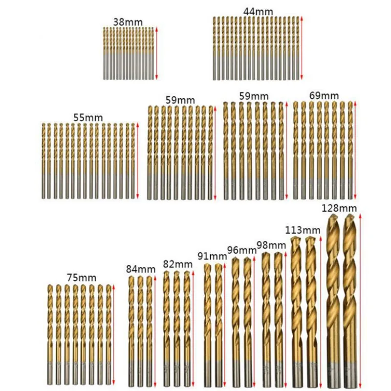 

99PC Titanium Coated Twist Drill Bit Set HSS High Speed Steel Wood Drilling Metalworking Power Tool 1.5-10mm