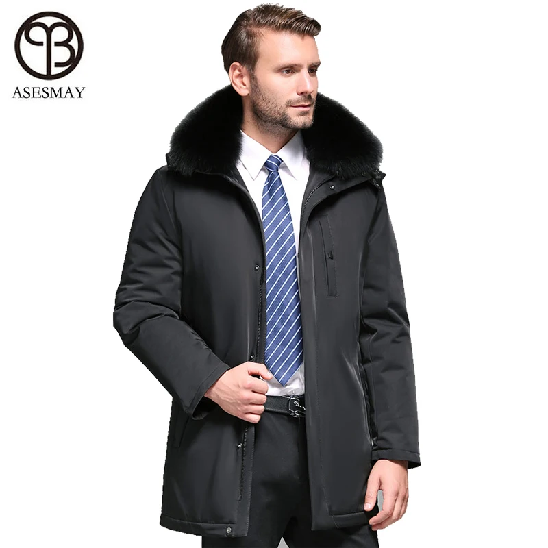 

Asesmay 2019 men down coat for winter white duck down jacket goose feather long parkas male fox fur detachable thick outerwear