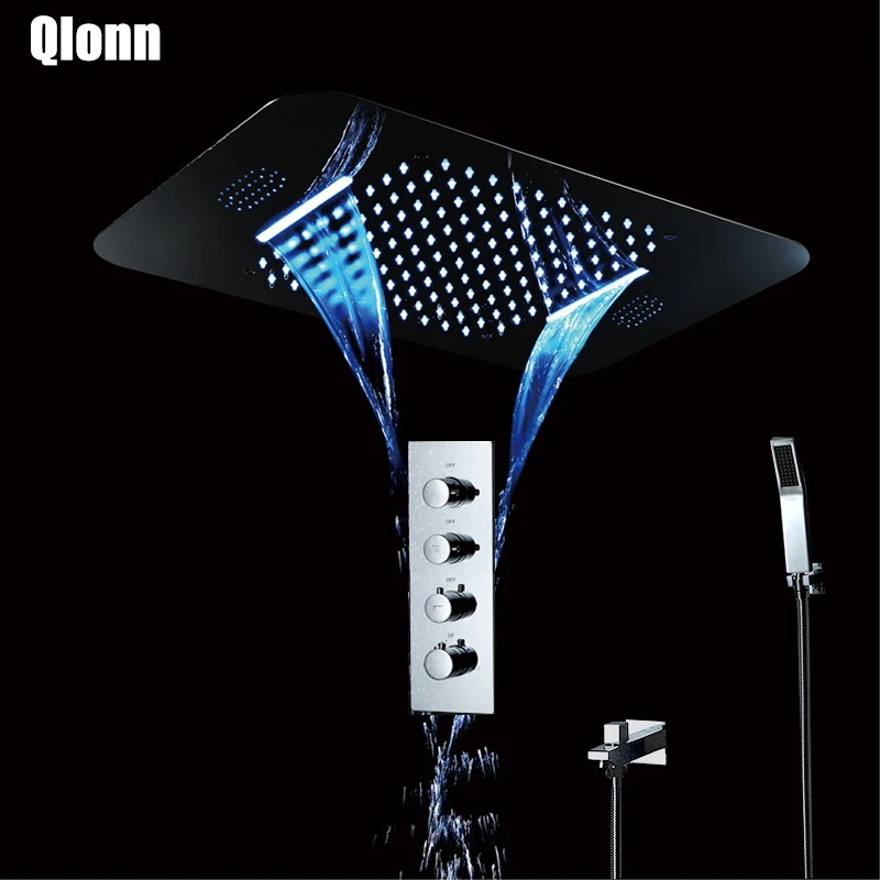 

LED Music Light Showerhead Rainfall Waterfall 580*380mm Thermostatic Shower Faucet Mixer Embedded Ceiling Mounted Shower Set