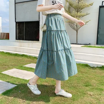 

Women's A-Line Long Skirt Cotton Vintage Checkered Plaid Printed Plus Size High Waist Elastic Waist Casual Women Skirt Skater