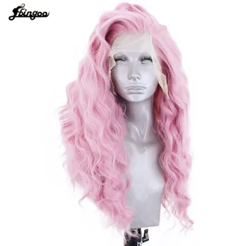 

Ebingoo High Temperature Pink Synthetic Lace Front Wig Fiber Long Deep Wave Hair Wigs For White Women With Free Part