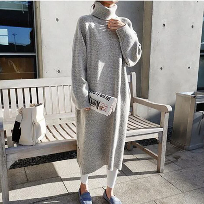 

2019 Woman Korean Style Black Gray Turtleneck Sweater Dress Lazy oaf Long Loose Knitted Sweater Dress