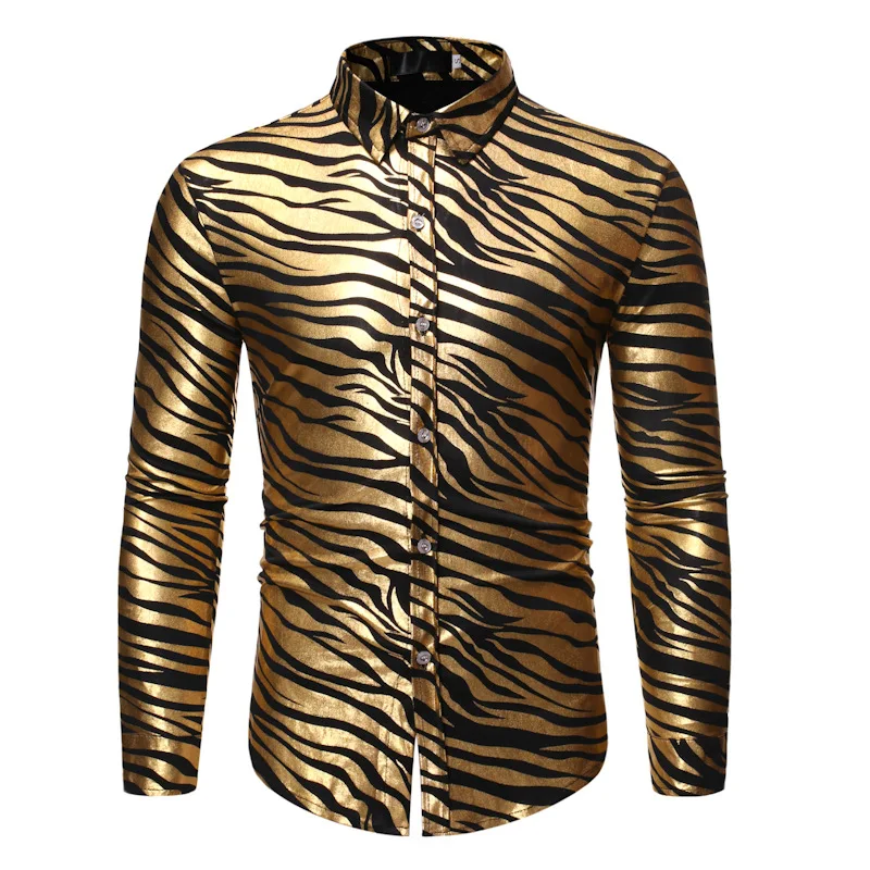 

Shiny Gold Bronzing Striped Shirt Men 2023 Brand Slim Fit Long Sleeve Mens Dress Shirts Disco Party Nightclub Prom Chemise Homme