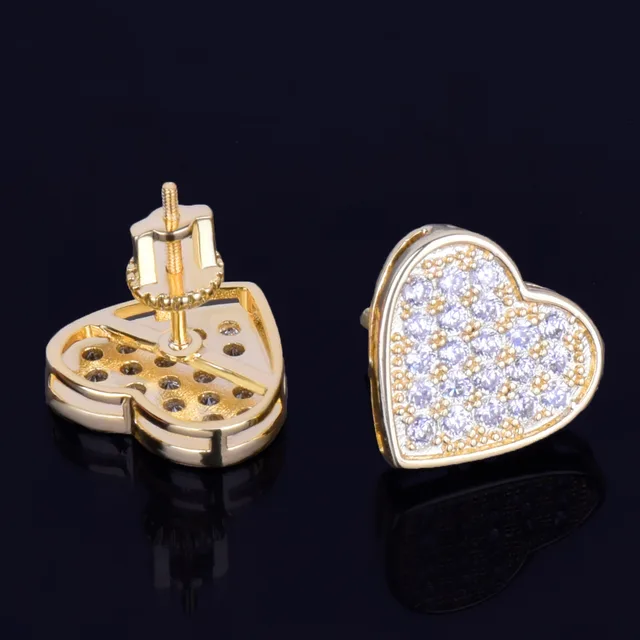 14MM Width Heart-shaped Gold Color Stud Earring For Men Women Full Cubic Zircon Screw Back Earrings Fashion Hip Hop Jewelry Gift 3