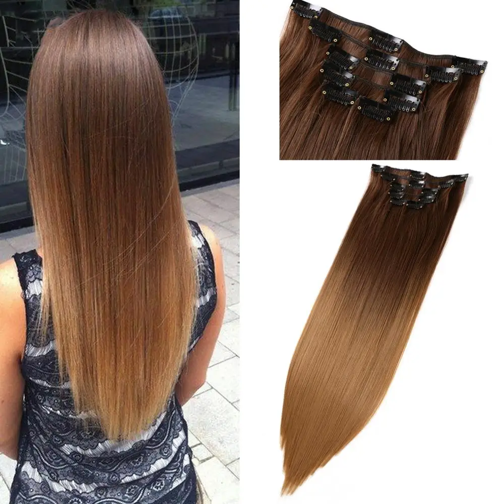 

MTMEI HAIR 22 Inch Straight 6Pcs/Set 12 Clip In Hair Extensions Black Brown Synthetic Hairpiece High Tempreture Hair Extensions