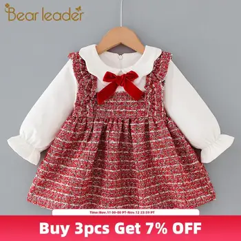 

Bear Leader Baby Girls Winter Fashion Dress Children Costume Long Sleeve Patchwork Dress Bowtie Kids Girls Plaid Princess Outfit