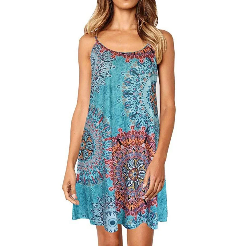 

Lady Floral Printed Spaghetti Dress Women sling Casual Loose Sleeveless Party Dress Female O-neck 2019 Newest Women Cloth