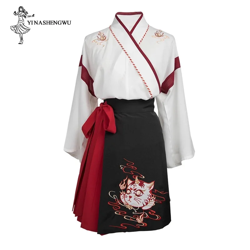 Japanese kimono Japanese Dress Kimono Woman Black White Cat Embroidery Skirts Vintage Asian Clothing Yukata Haori Cosplay Party 2 Pieces Sets