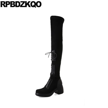 

sexy tall over the knee high heel fur suede slim thigh women boots shoes round toe stretch black ladies long chunky new winter