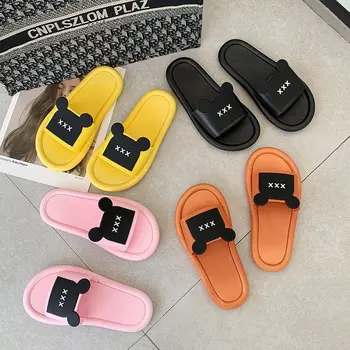 

Cartoon Cute One-line Slippers Rubber Waterproof Platform Flat Bottom Low with PU One-line Slippers Female Womens Slippers