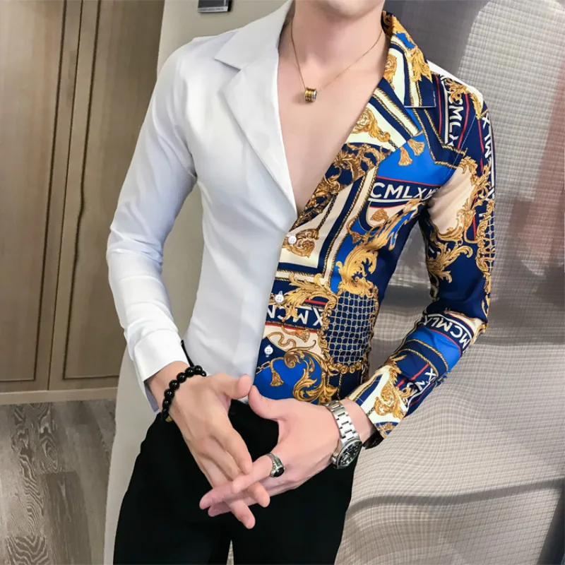 Shirt autumn  British wind men's long-sleeved printed shirt men's fashion slim suit collar stitching shirt men's casual  shirt