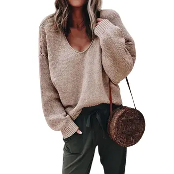 

Women Casual V-Neck Loose Sweater Knitted Long Sleeve Pullovers Autumn Ladies Warm Tops