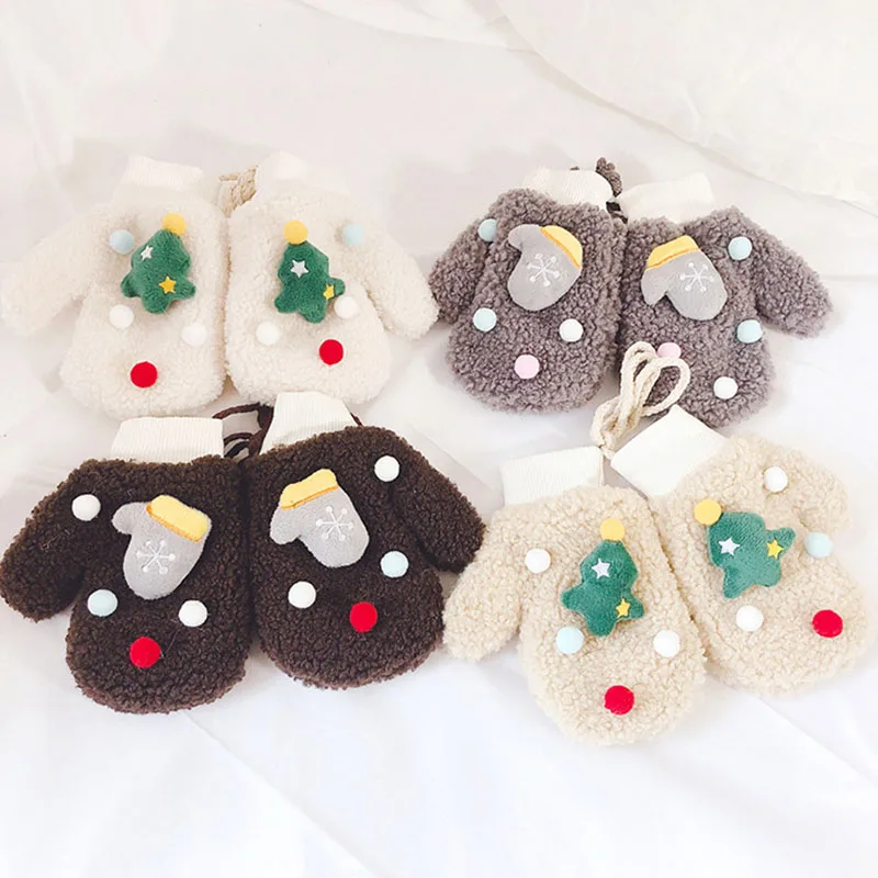 

Christmas Cartoon Hanging Neck Children's Gloves Mittens Double Thick Cashmere Warm Gloves Winter Baby Boys Girls Gloves