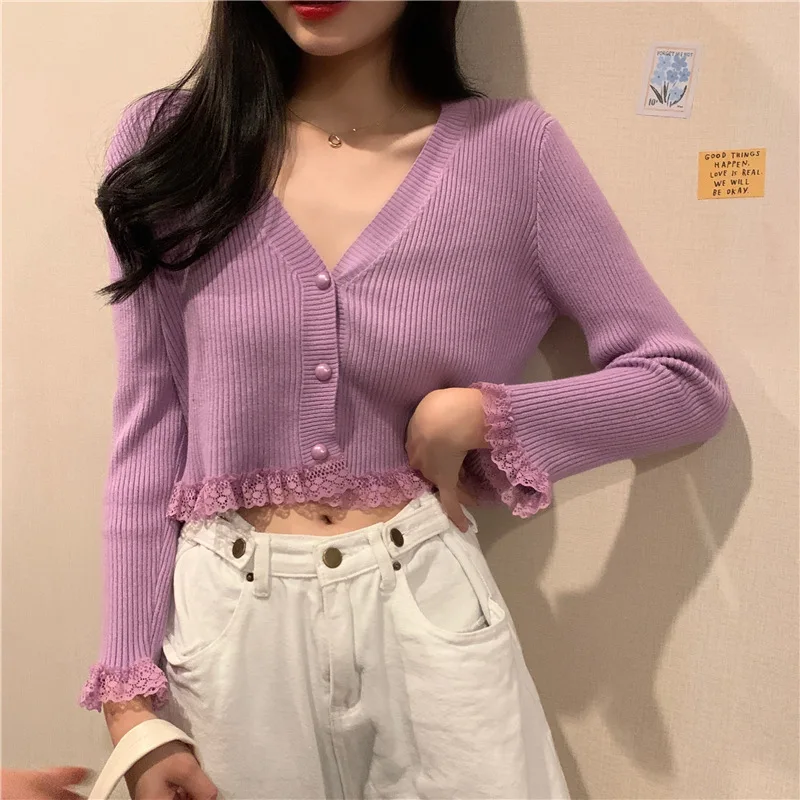 

Autumn Women's Korean Style Lace V-neck Slim Fit Single Breasted Knitted Sweater Cardigan Short Jacket Coat SLZFZ84
