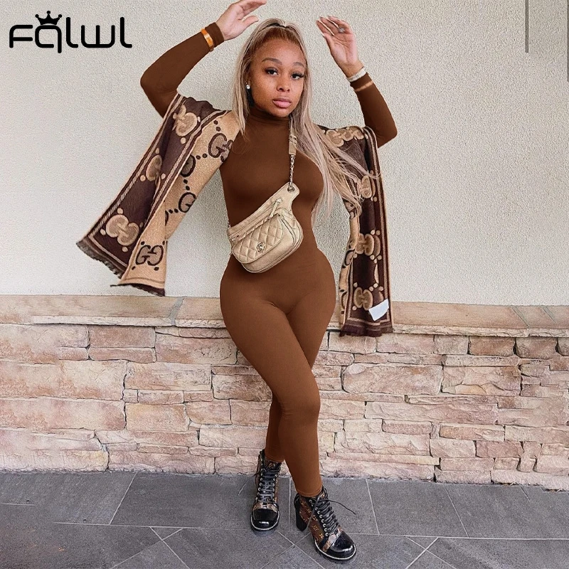 FQLWL-mono Sexy de manga larga para mujer, traje de una pieza con cuello de tortuga, color marrón, blanco y negro, para invierno