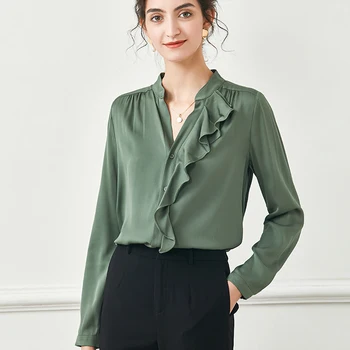 

92.1% Silk 7.9% Spandex Women's Runway Shirt V Neck Long Sleeves Ruffles Fashion Casual High Quality Blouse Tops