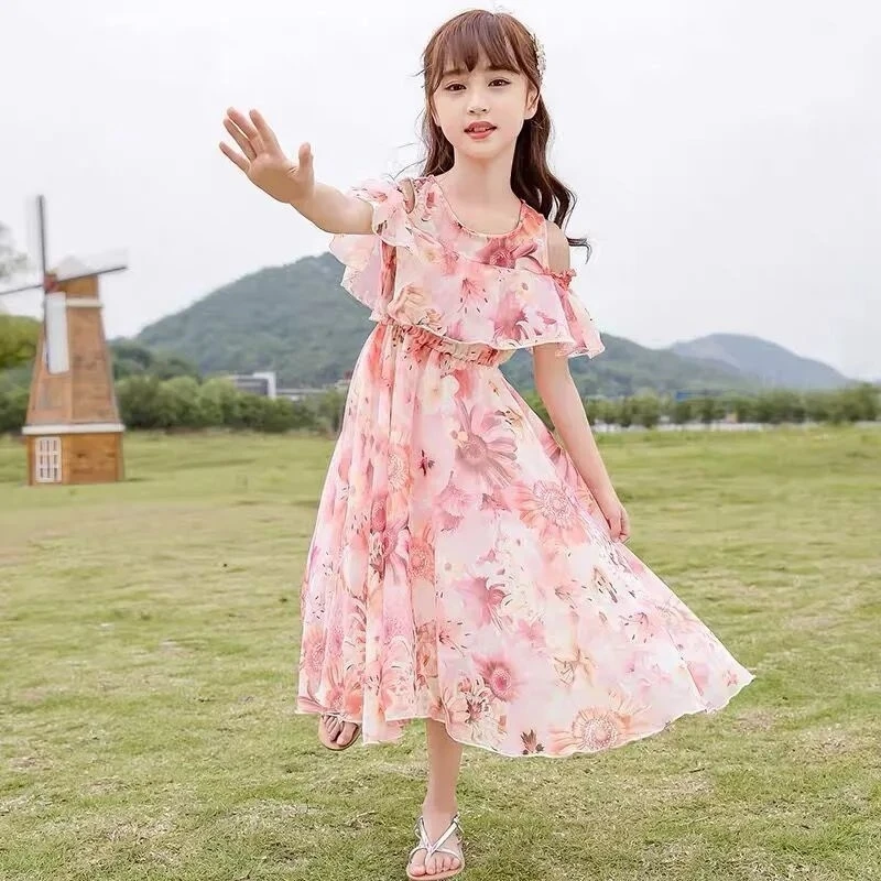 New Girls Dress 2021 Summer Floral Pattern Beach Long Dress For Girl Bohemia Children Dresses Costume Teen 5 6 8 9 10 12 Years boutique baby dresses