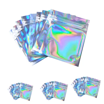 

100PCS Zip Lock Bags Resealable Smell Proof Bags Food Storage Holographic Laser Aluminum Foil Bags Thick Party Supplies