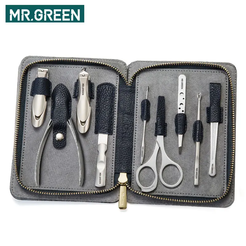Skup MR. Zielony wysokiej jakości Stainleess stali nierdzewnej zestaw do pielęgnacji 9 w 1 zestaw obcinaków do paznokci skóry wołowej pakiet Manicure pielęgnacja paznokci dobry prezent
