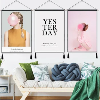 

Yesterday is the Past Pink Bubble Girl Modern Hanging Cloth Cotton Line Paintings Poster Home Decor Wall Hanging Tapestry Gift