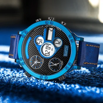 

6.11 DUANTAI Mens Watches New Dual Display Watches Quartz Leather Three Time Zone IP Blue Stopwatch Montre Homme