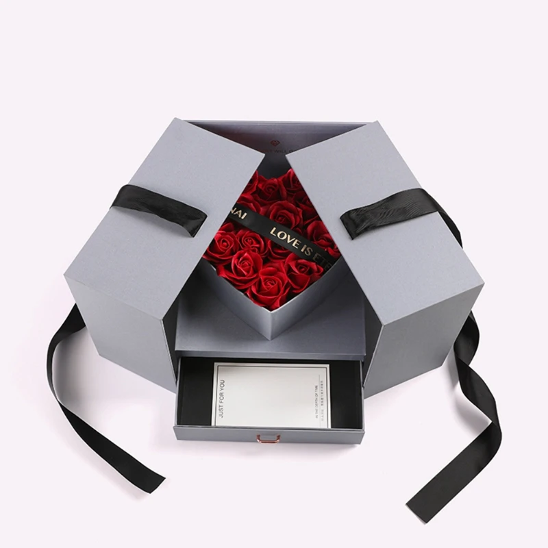 

Grey Artificial Flower Gift Box For Girlfriend Lover Soap Flower Creative Open-door Heart-shaped Valentine's Day Gift