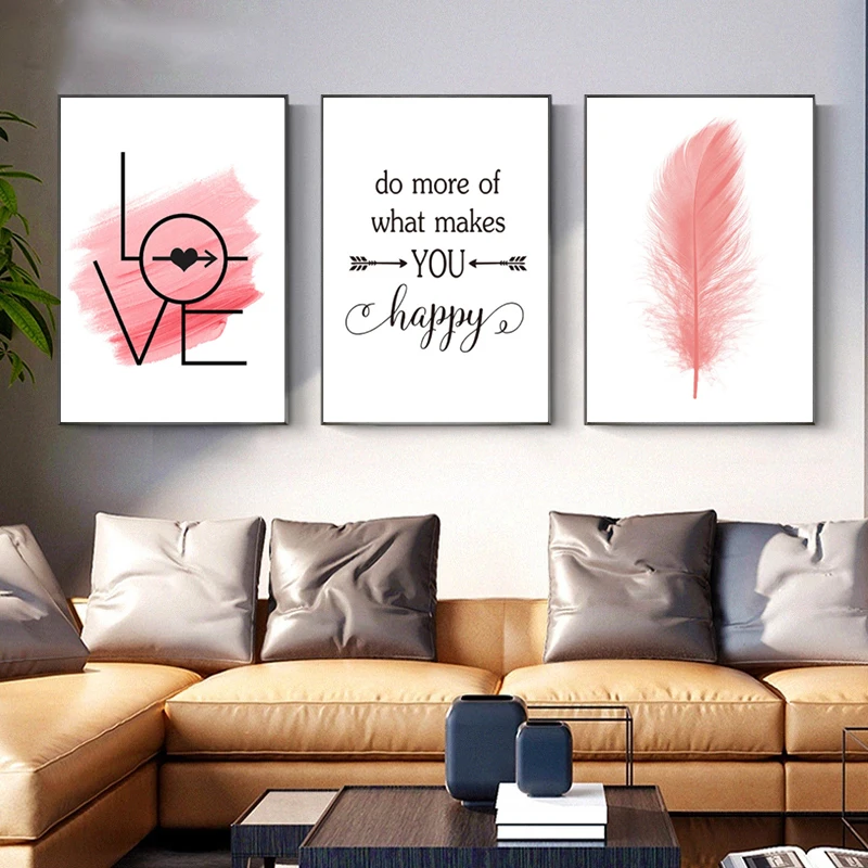 

Nordic Pink Feathers Canvas Painting Love Girl Posters and Prints Abstract Modern Wall Art Pictures for Living Room Home Decor