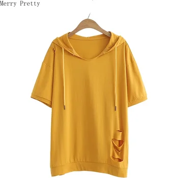 

Women Short Sleeve Hooded T Shrts Solid Hole Cotton T Shirts Casual Drawstring Loose Tops Tees Femme 2020 Summer Women Clothing