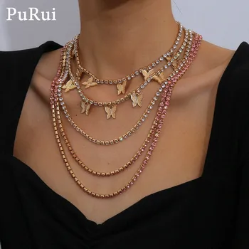 

Purui Bling Hip Hop Women Charm Butterfly Pedant Mecklace Gold Color Filled Iced Out Crystal Chain Butterfly Choker Necklace
