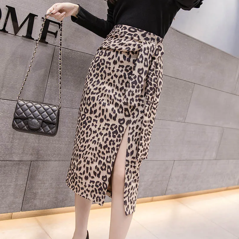 apricot leopard Осенние замшевые юбки с леопардовым принтом, Женская бандажная юбка с высокой талией, вечерняя юбка, Офисная Женская юбка в горошек, jupe femme - Цвет: apricot leopard