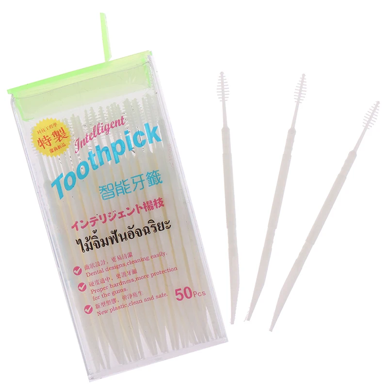 50PCS/Pack Portable Double Square Boxed Ultrafine Floss Pick Toothpick Plastic Plus Brush In Clear Case Eco-friendly Toothpick