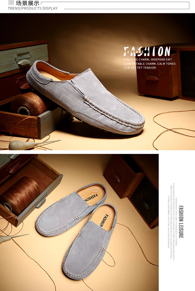 Man Summer Fashion Pig Skin Casual Half Shoe Male Breathable Soft Backless Half Loafers Hombre Open Back Leather Comfy Mocassins